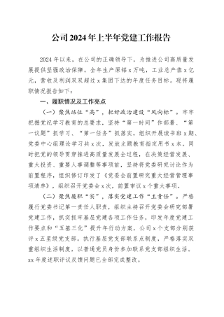 公司2024年上半年党建工作报告总结汇报20240705