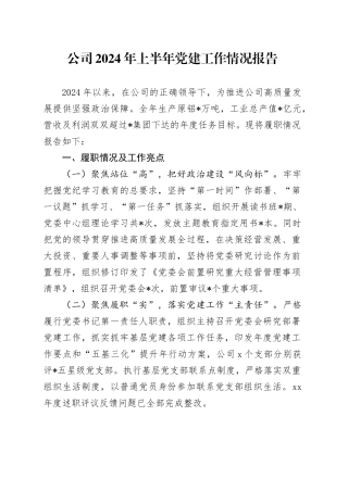 公司2024年上半年党建工作情况报告