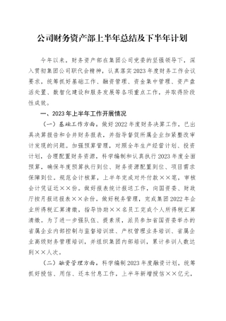 公司财务资产部上半年总结及下半年计划