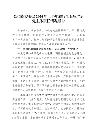 公司党委书记2024年上半年履行全面从严治党主体责任情况报告