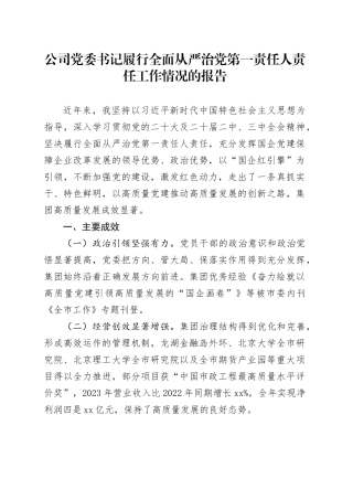 公司党委书记履行全面从严治党第一责任人责任工作情况的报告