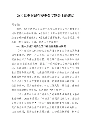 公司党委书记在安委会专题会上的讲话