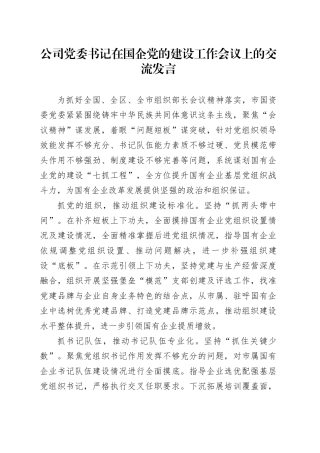 公司党委书记在国企党的建设工作会议上的交流发言