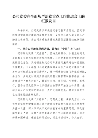 公司党委在全面从严治党重点工作推进会上的汇报（总结3000字）