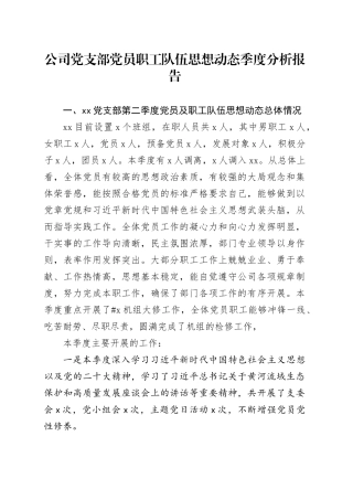 公司党支部党员职工队伍思想动态季度分析报告20240506