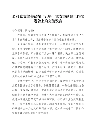 公司党支部书记在“五星”党支部创建工作推进会上的交流发言