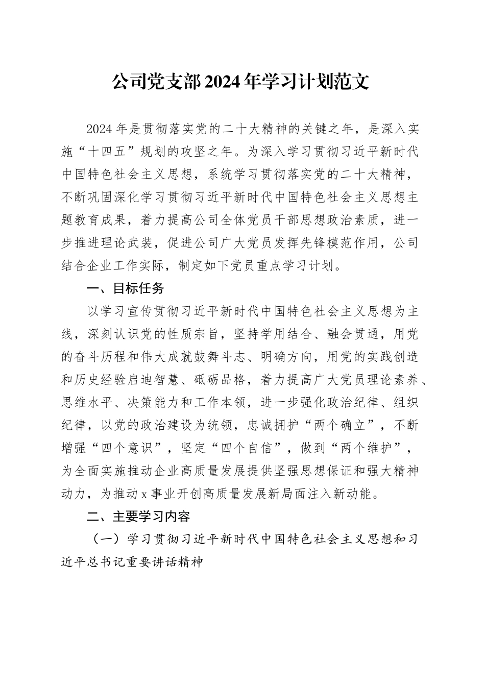 公司党支部支部2024年学习计划国有企业20240226_第1页