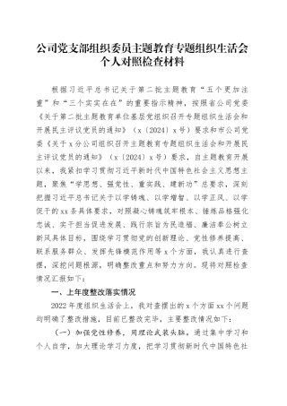 公司党支部组织委员主题教育专题组织生活会个人对照检查材料