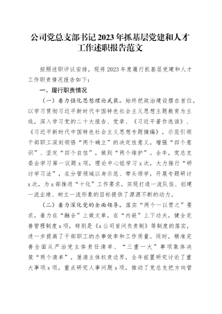 公司党总支部书记2023年抓基层党建和人才工作述职报告国有企业汇报总结20240129 （1）