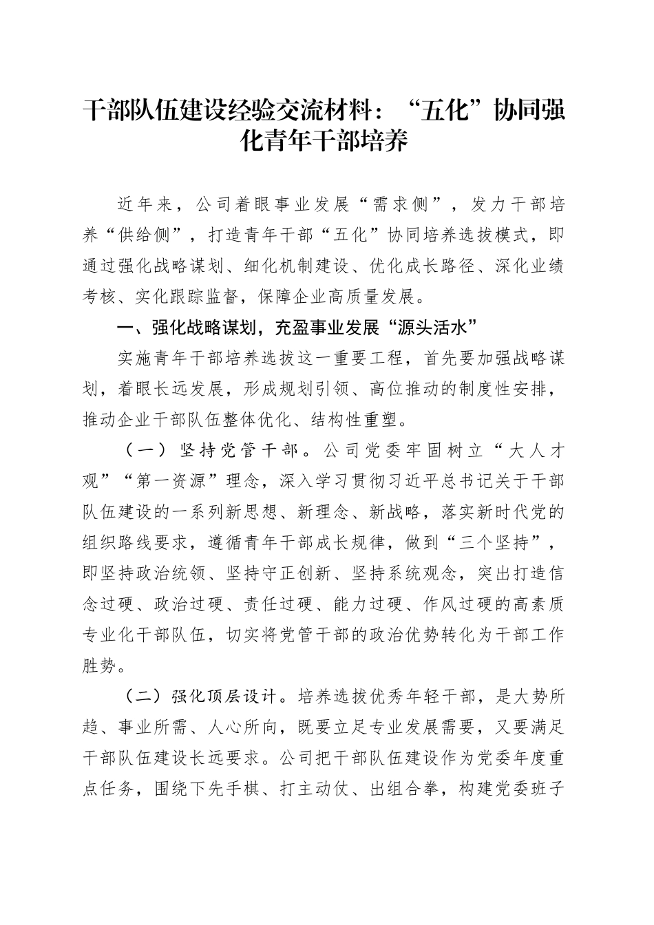 公司干部队伍建设经验交流材料：“五化”协同强化青年干部培养_第1页