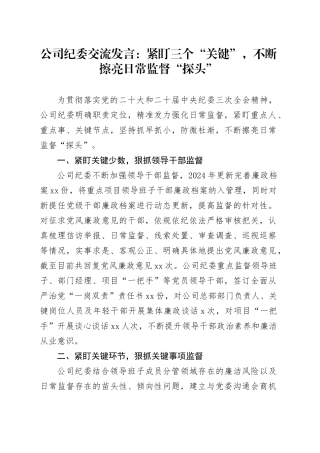 公司纪委交流发言：紧盯三个“关键”，不断擦亮日常监督“探头”