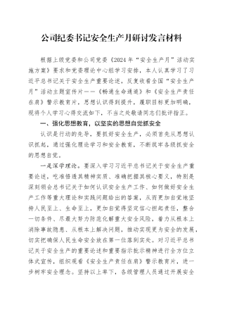 公司纪委书记安全生产月研讨发言材料心得体会20240710