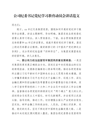 公司纪委书记党纪学习教育动员会讲话20240429