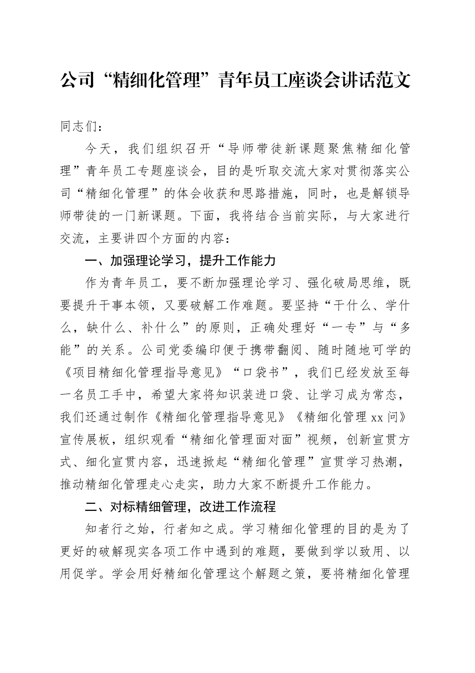 公司精细化管理青年员工座谈会讲话企业20240510_第1页