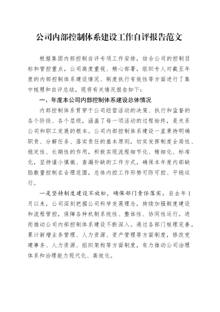 公司内部控制体系建设工作自评报告企业工作汇报总结