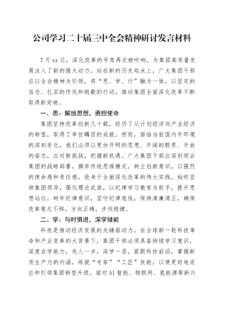 公司学习二十届三中全会精神研讨发言材料心得体会交流讲话20240805