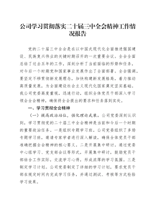 公司学习贯彻落实二十届三中全会精神工作情况报告汇报总结20241025
