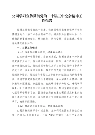 公司学习宣传贯彻党的二十届三中全会精神工作报告企业总结汇报20240911