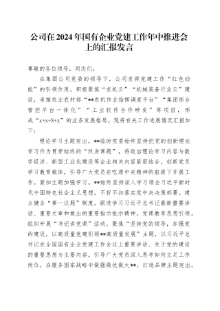 公司在2024年国有企业党建工作年中推进会上的汇报发言
