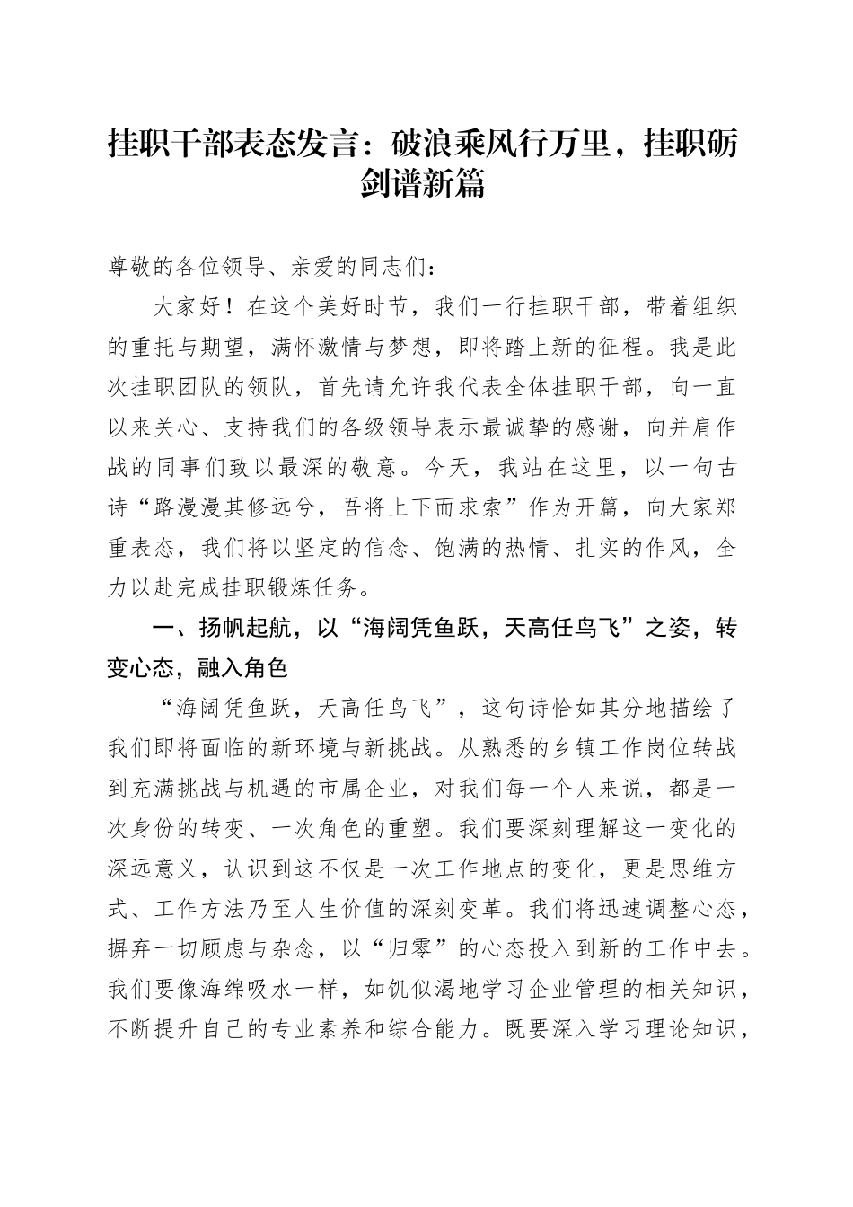 挂职干部表态发言：破浪乘风行万里，挂职砺剑谱新篇_第1页