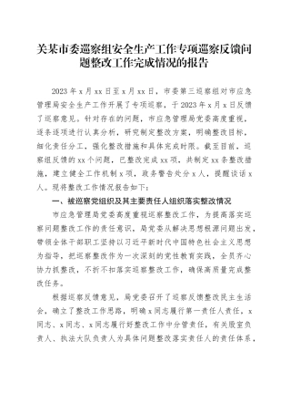 关某市委巡察组安全生产工作专项巡察反馈问题整改工作完成情况的报告