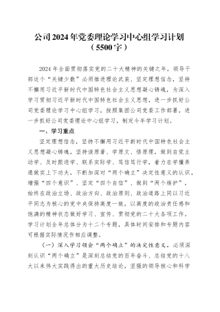 国企2024年党委理论学习中心组学习计划要点