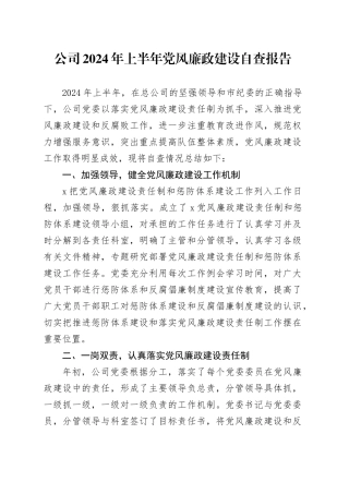 国企2024年上半年党风廉政建设自查报告（2100字总结）