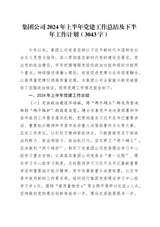 国企2024年上半年党建工作总结及下半年工作计划（3043字）