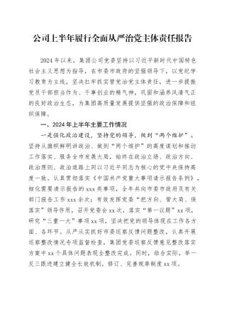 国企2024年上半年履行全面从严治党主体责任报告（3300字总结）
