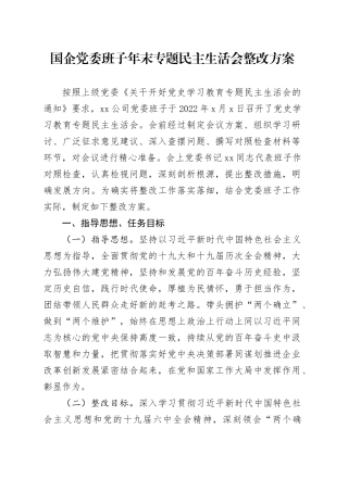 国企党委班子年末专题民主生活会整改方案