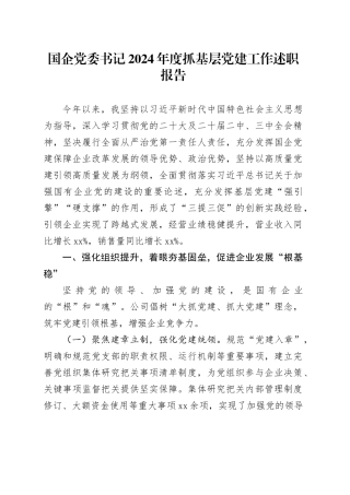 国企党委书记2024年度抓基层党建工作述职报告