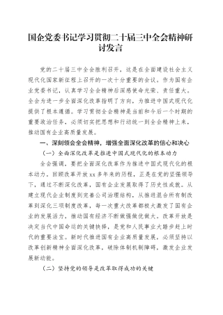 国企党委书记学习贯彻二十届三中全会精神研讨发言