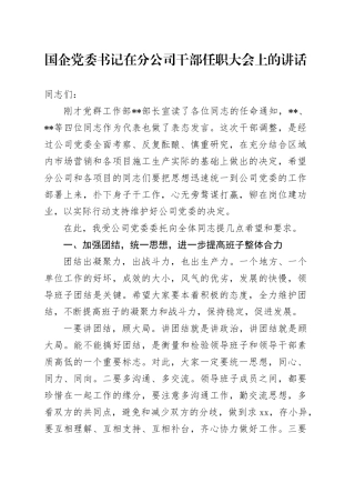 国企党委书记在分公司干部任职大会上的讲话