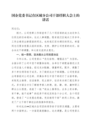 国企党委书记在区域分公司干部任职大会上的讲话