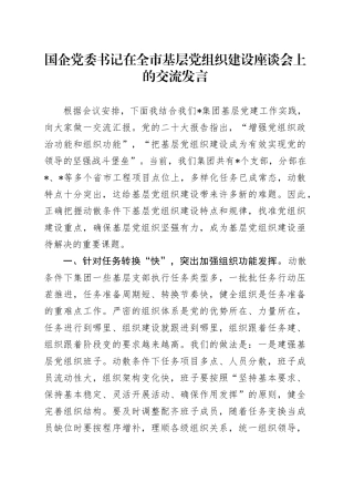 国企党委书记在全市基层党组织建设座谈会上的交流发言