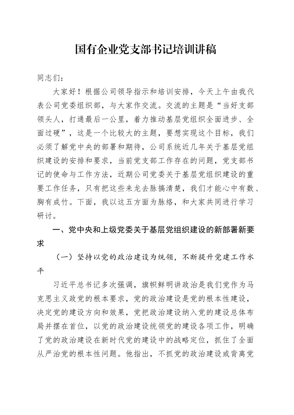 国企公司党支部书记培训讲稿18000字（党建培训）_第1页