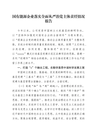 国企公司度落实全面从严治党主体责任情况报告（6100字总结）