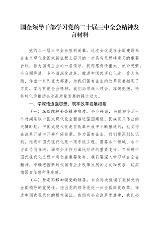 国企领导干部学习党的二十届三中全会精神发言材料