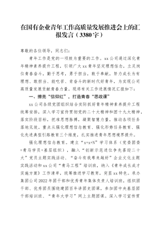 国企青年工作高质量发展推进会上的汇报发言（3380字）