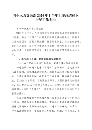 国企人力资源部2024年上半年工作总结和下半年工作安排（公司）