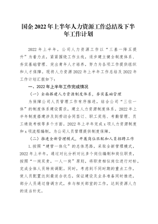 国企上半年人力资源工作总结及下半年工作计划（公司）