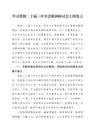 国企学习贯彻二十届三中全会精神研讨会上的发言2500字