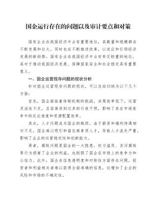 国企运行存在的问题以及审计要点和对策