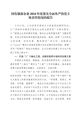 国有能源企业2024年度落实全面从严治党主体责任情况的报告