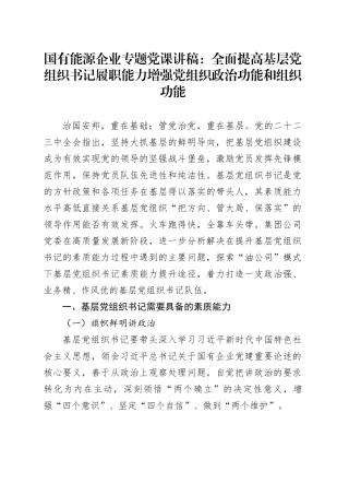 国有能源企业专题党课：全面提高基层党组织书记履职能力增强党组织政治功能和组织功能