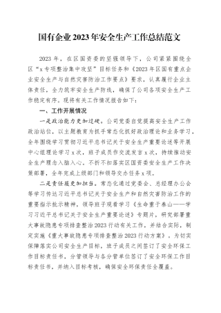 国有企业2023年安全生产工作总结公司汇报报告20240126