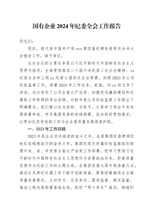 国有企业2024年纪委全会工作报告
