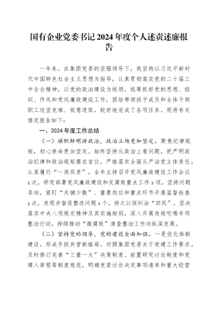 国有企业党委书记2024年度个人述责述廉报告