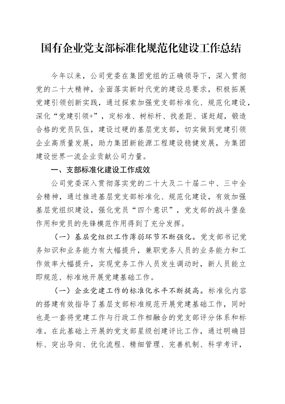 国有企业党支部标准化规范化建设工作总结_第1页