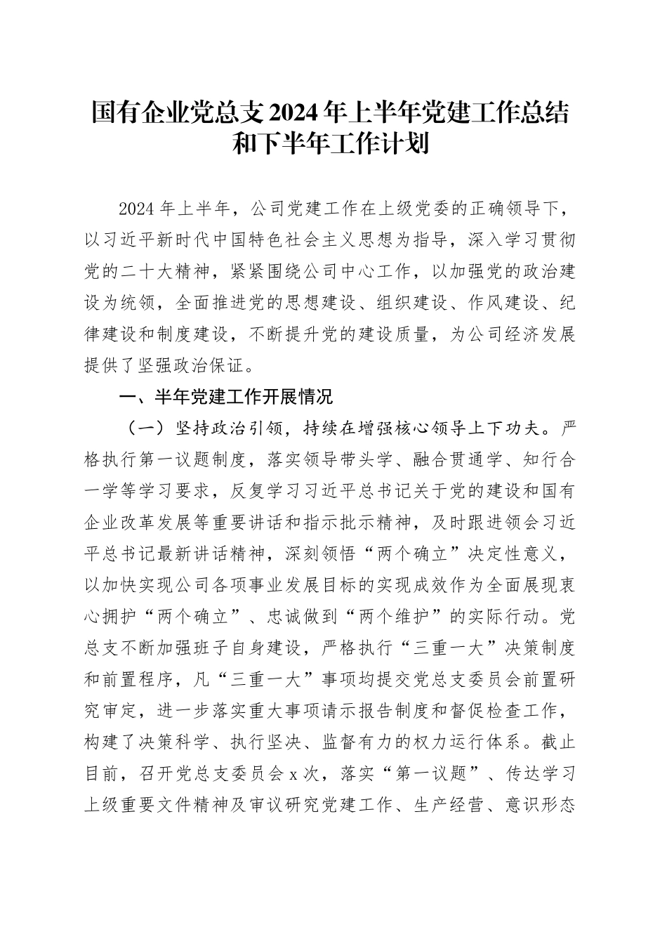 国有企业党总支2024年上半年党建工作总结和下半年工作计划公司20240807_第1页